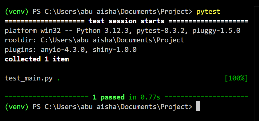 Image showing the code execution result, one unit test successfully ran and passed